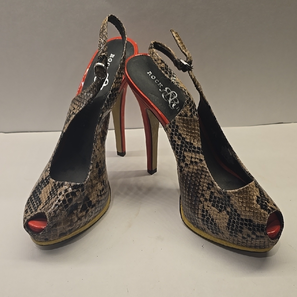 ROCK REPUBLIC Snake Print Peep Toe Heels - Brown and Red